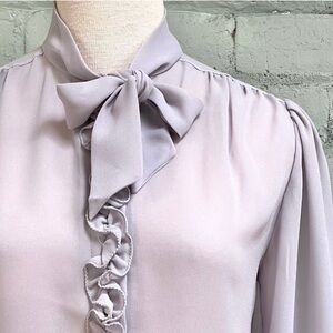 Vintage Sheer Gray Long Sleeve Ruffle Blouse with Bow Tie Collar